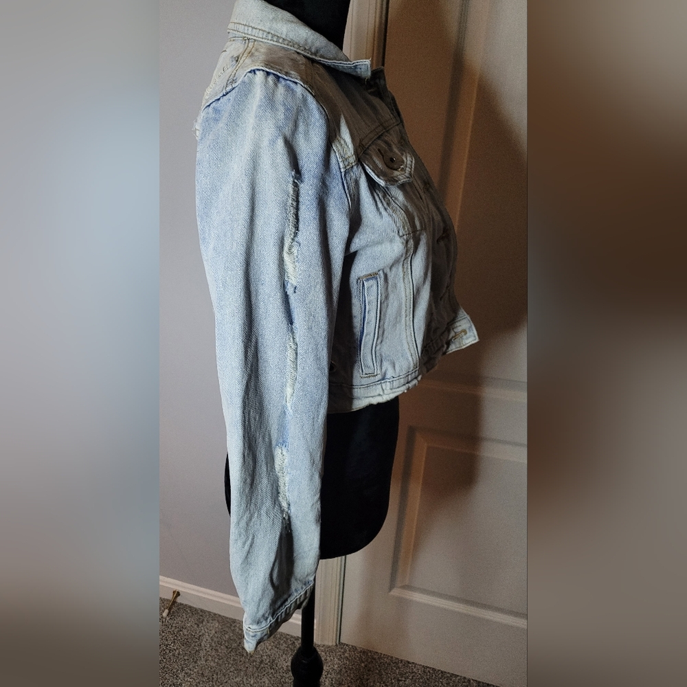 POL Light Blue Distressed Jean Jacket With Side Tie Up. Sz M. NWOT *Callout - Picture 6 of 8